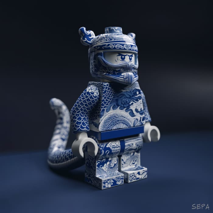 Porcelain Chinese Lego Man - PikPoket. Mini Prints, Enamel Pins + More